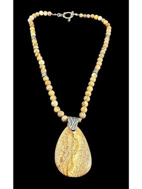 Necklace Signed Joshua Benassat 925 JBB Jasper Beaded Dangle Pendant Toggle